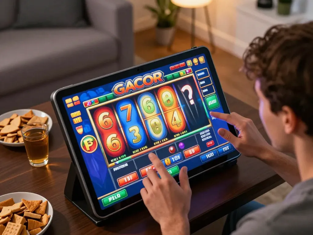 Thrilling slot gacor gameplay experience showcased on a tablet screen during an exciting home gaming session.