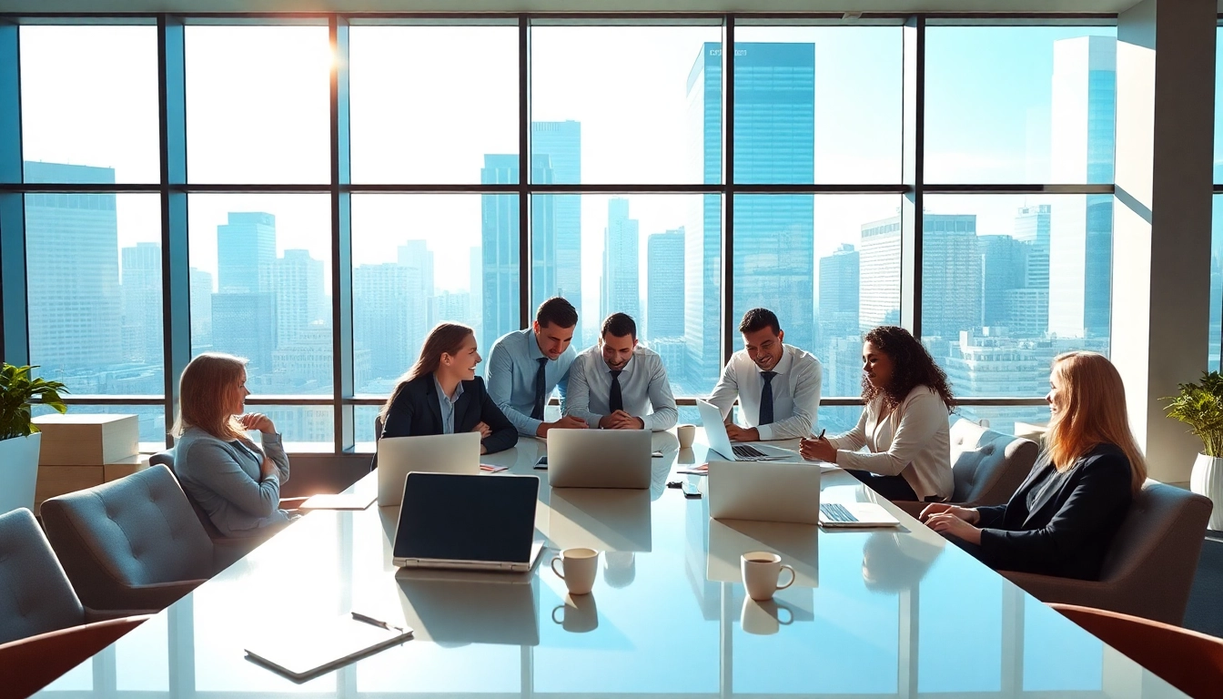 Engaged team discussing business strategies in a modern office setting.