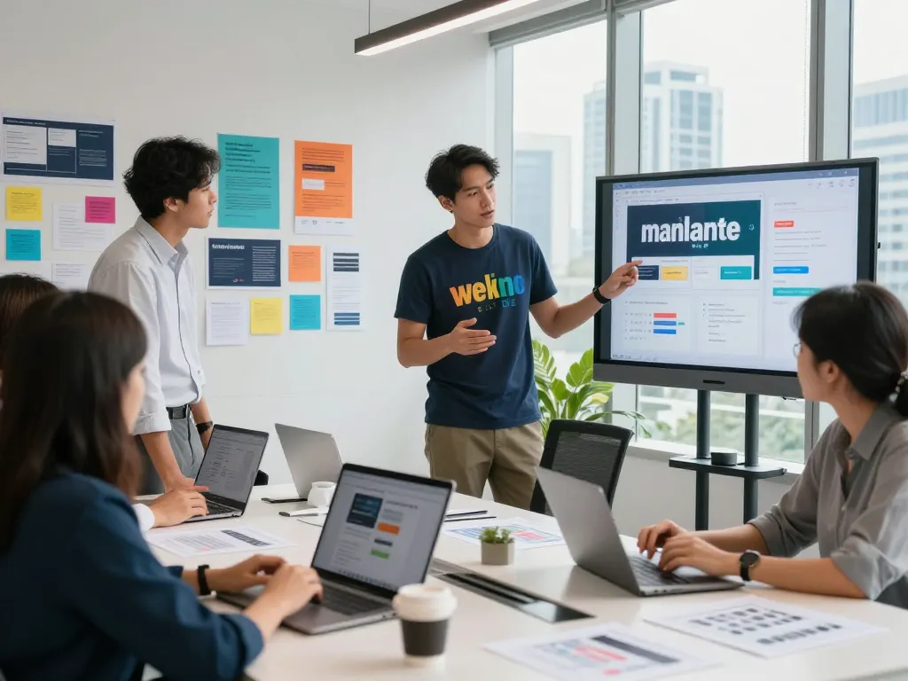 Web designer Kuala Lumpur collaborating with clients in a modern office setting.