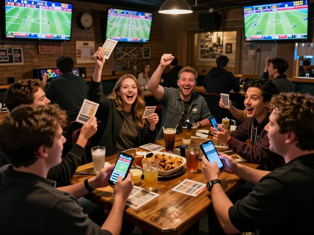 Exciting sports betting scene in a lively bar with multiple screens showing games, featuring server thailand for betting.