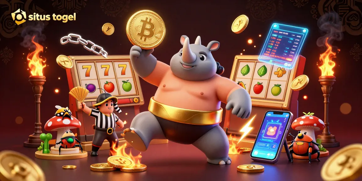 Experience excitement with situs togel as a rhinoceros beetle champion stirs golden coins and slot game symbols in an energetic casino scene.