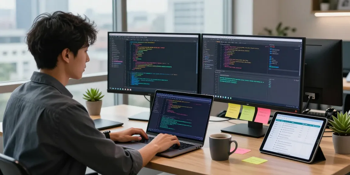 Showcasing a vibrant workspace with a developer at the 纸飞机中文版官网, highlighting modern coding practices and tools.