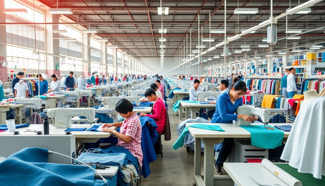 Manufacturing Clothing in China with workers in a vibrant factory setting, showcasing productive operations.