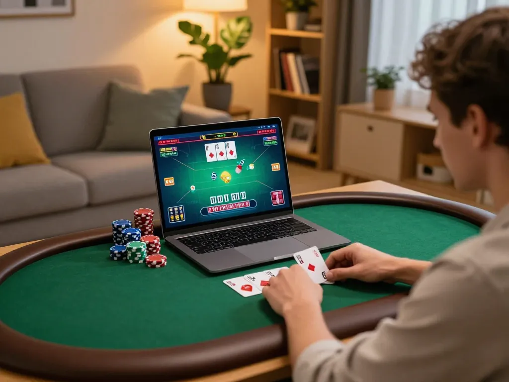 Player engaged in online Nk88 poker game at home with cozy atmosphere and strategy notes.