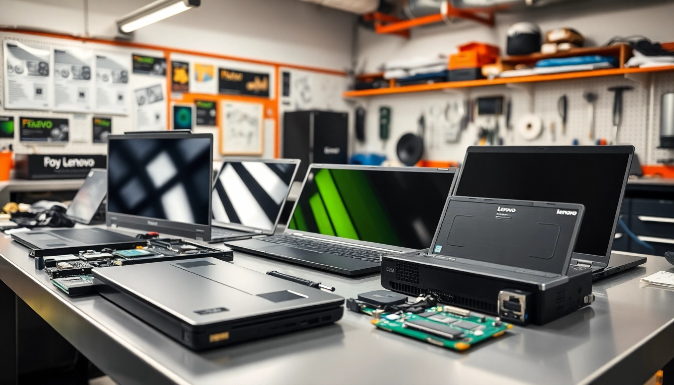 Show Lenovo Parts on a workshop bench, including screens and batteries, for repair enthusiasts.