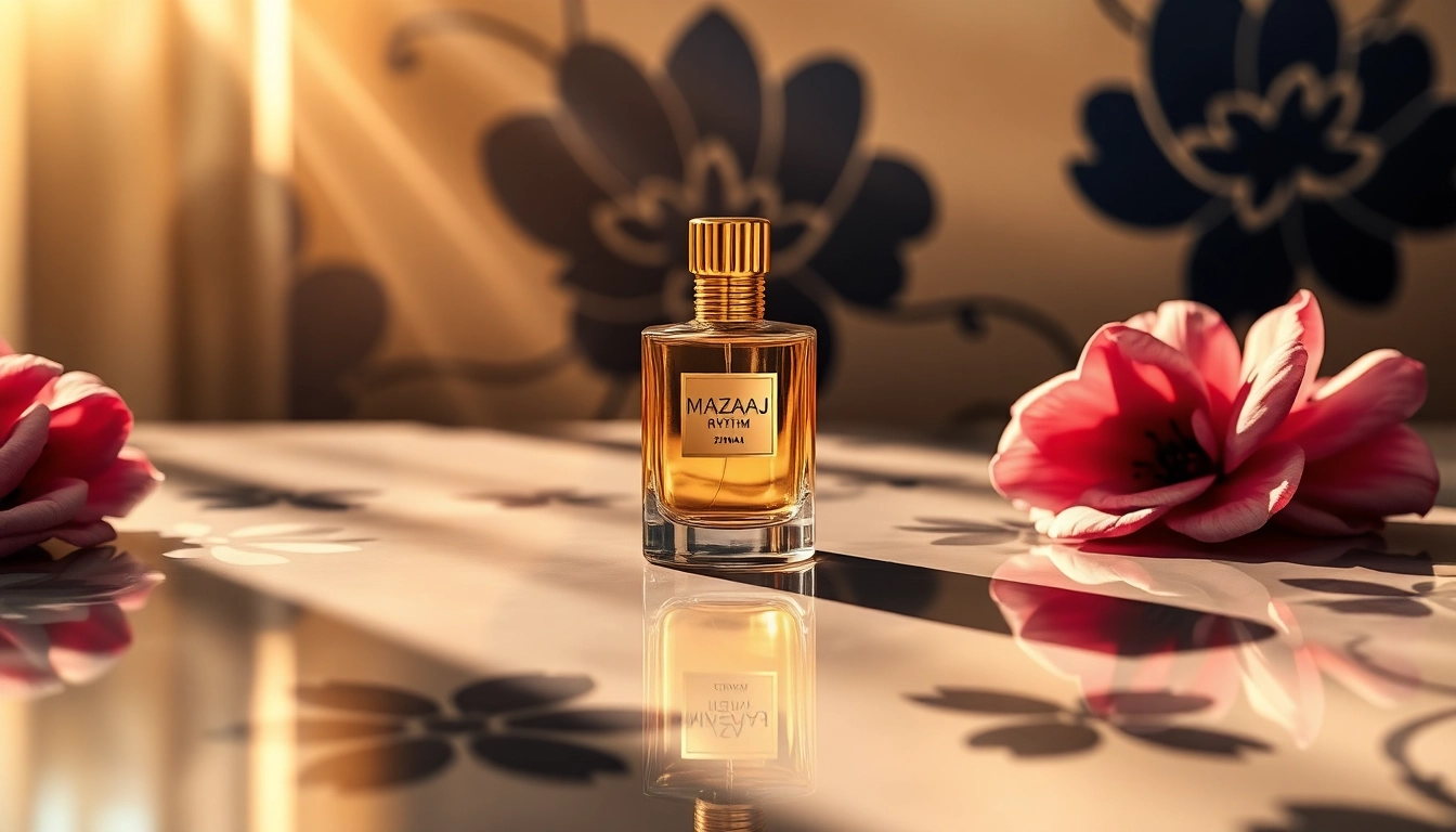 Verken Mazaaj Rhythm by Zimaya met een luxe geurflacon in een elegante setting, omgeven door bloemen.