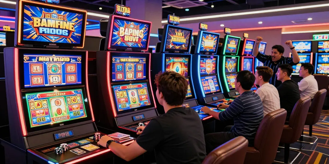 Engaging slot online gaming scene with players at colorful machines and vibrant atmosphere