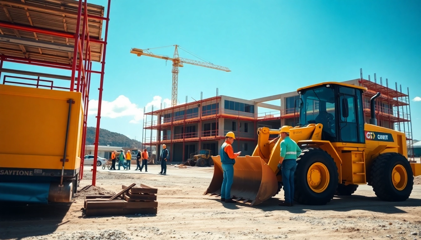 Highlighting colorado construction news, construction workers and machinery collaborate on a building site.