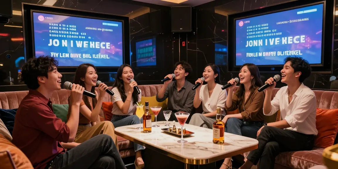 강남가라오케에서 친구들과 즐거운 시간을 보내는 모습, gangnamtune.com/에서 소개된 화려한 분위기.