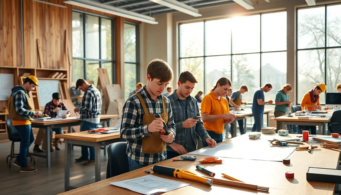 Interactive construction classes showcasing students learning hands-on skills in a bright environment.