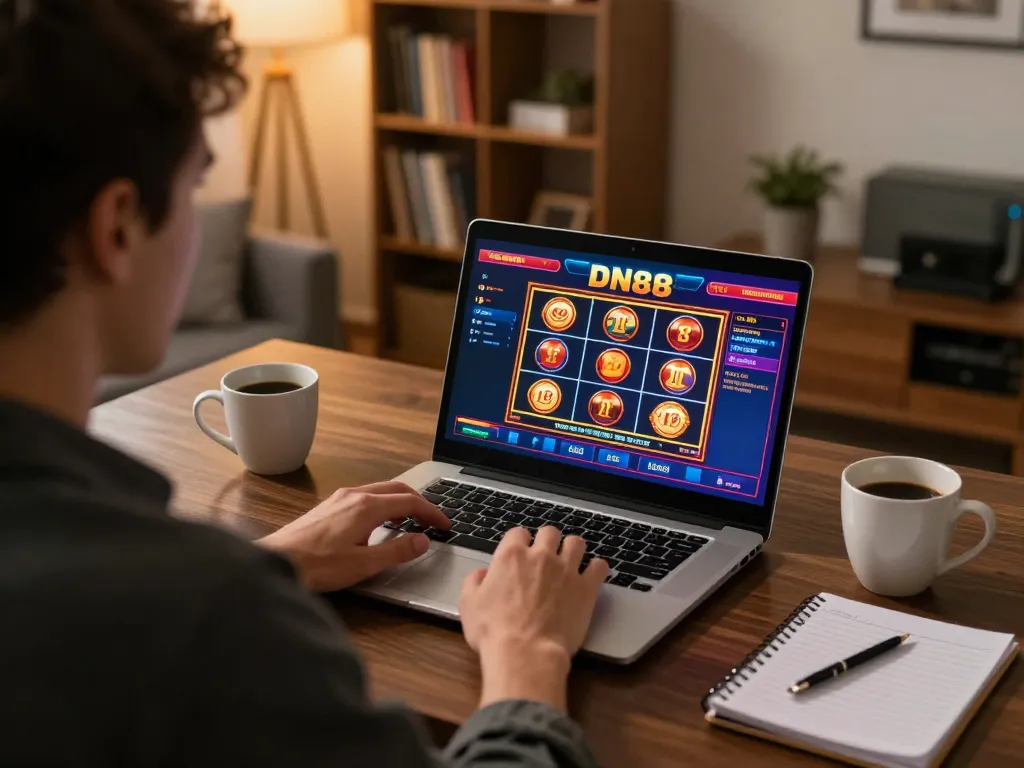 Player engaging with DN88 online casino on laptop, showcasing vibrant slot graphics and strategic notes.