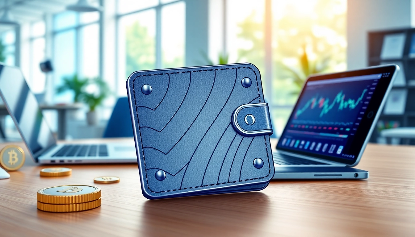 Visualize a Crypto Wallet set on a workspace surrounded by tech, illustrating modern finance.