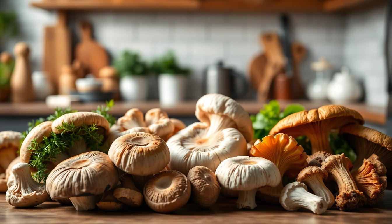 Buy mushrooms online Canada with an inviting display of assorted fresh mushrooms in a modern kitchen.