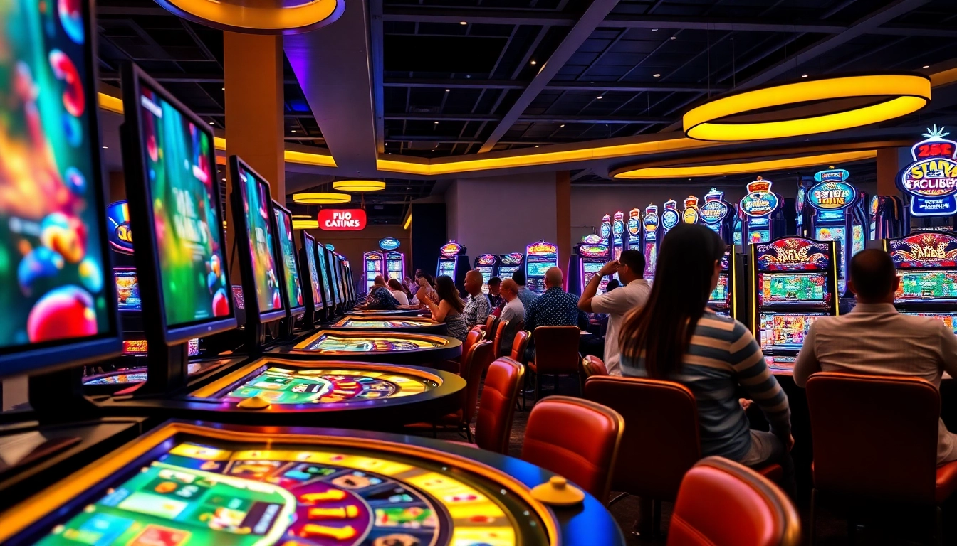 Players enjoying games at a bitcoin casino with vibrant lights and exciting atmosphere.