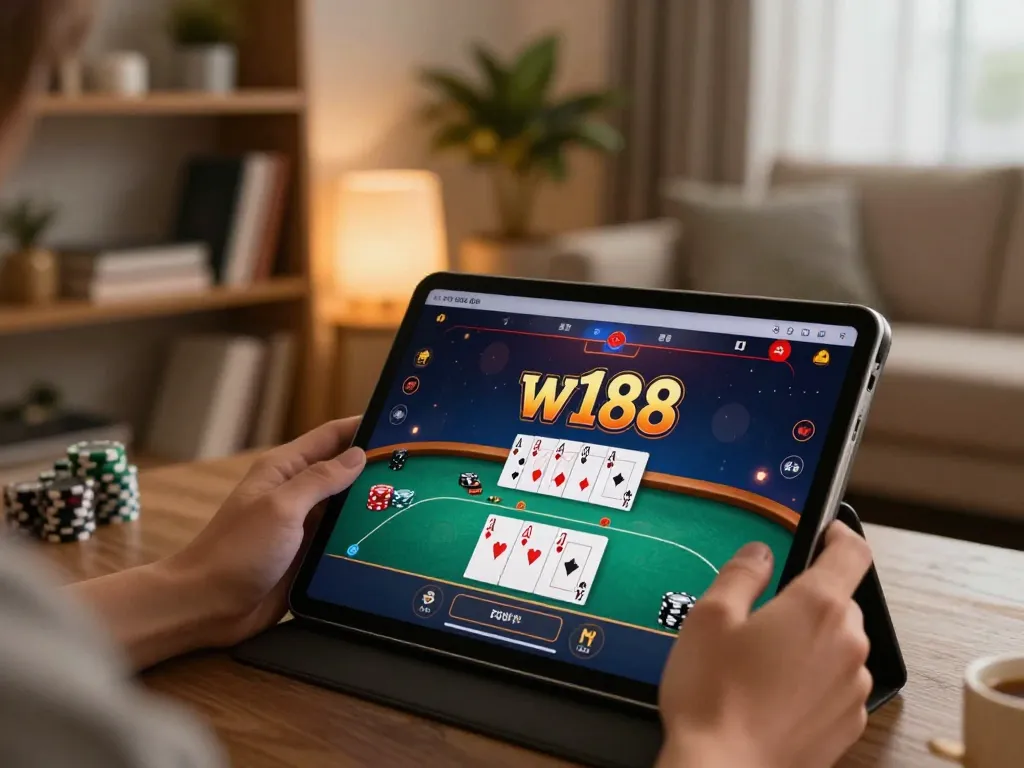 w188 bet poker game displayed on tablet in stylish home setting.