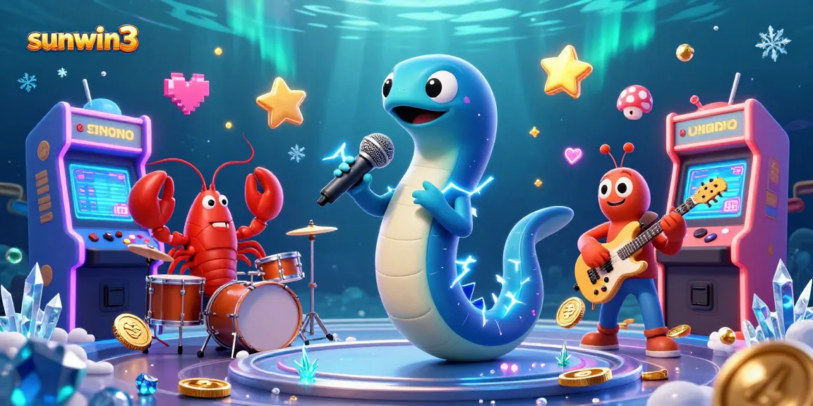 Experience thrilling gameplay with sunwin3 as an electric eel DJ rocks an underwater casino stage filled with vibrant game elements.