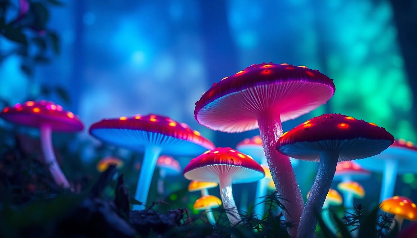 Psychedelicschemstore vibrant display of psychedelic mushrooms in a mystical forest.