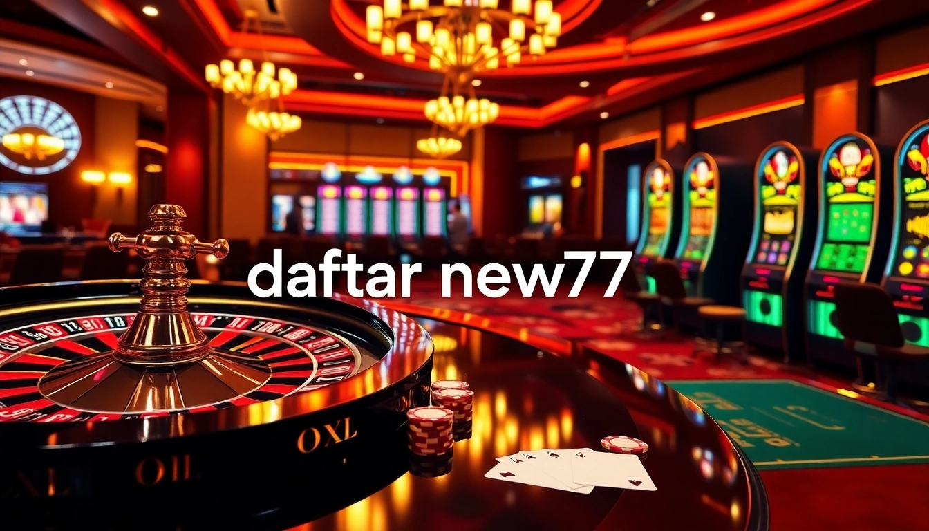 Players engaging with daftar new77 at a luxurious online casino table with roulette and poker chips.