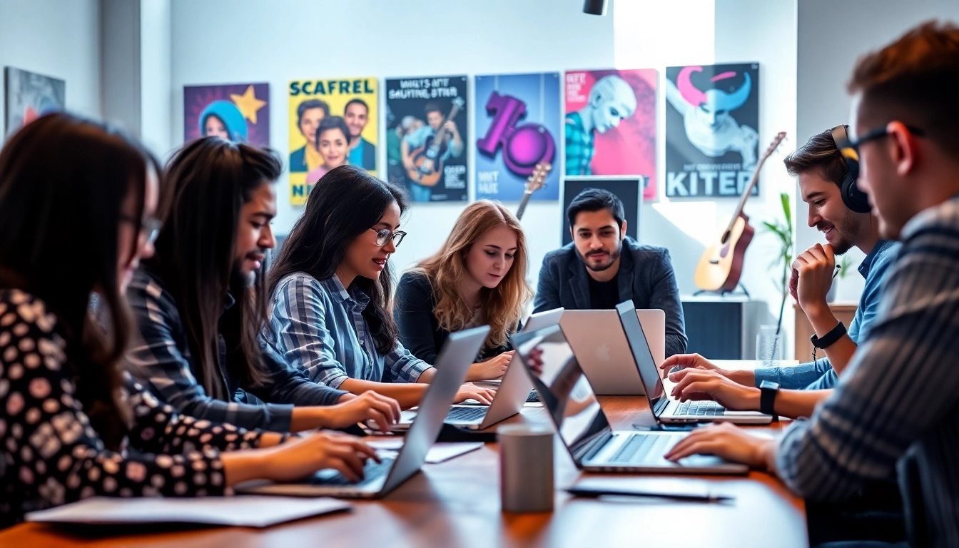 Team collaborating in a music PR firm office to strategize for artists.