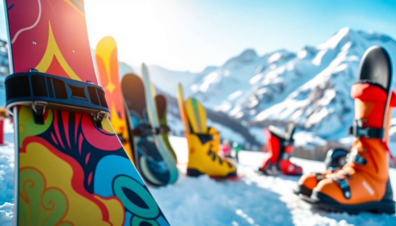 Browse a vibrant snowboard store showcasing colorful snowboards in a stunning mountain setting.