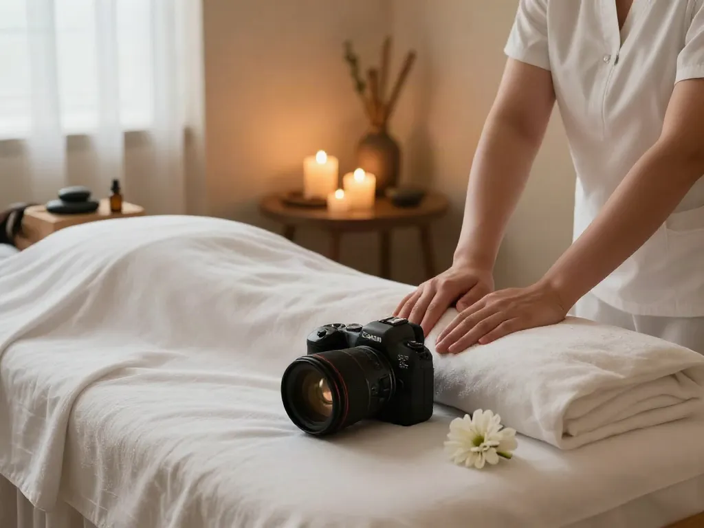 Relaxing 동탄출장마사지 scene with a tranquil spa ambiance, massage table, and calming elements.