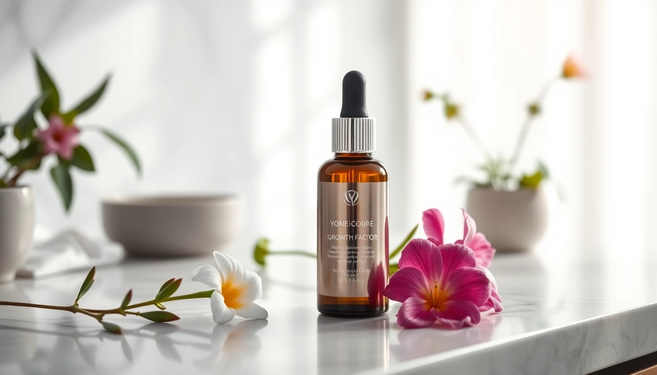 Captivating growth factor serum bottle on a marble countertop, conveying luxury and rejuvenation.