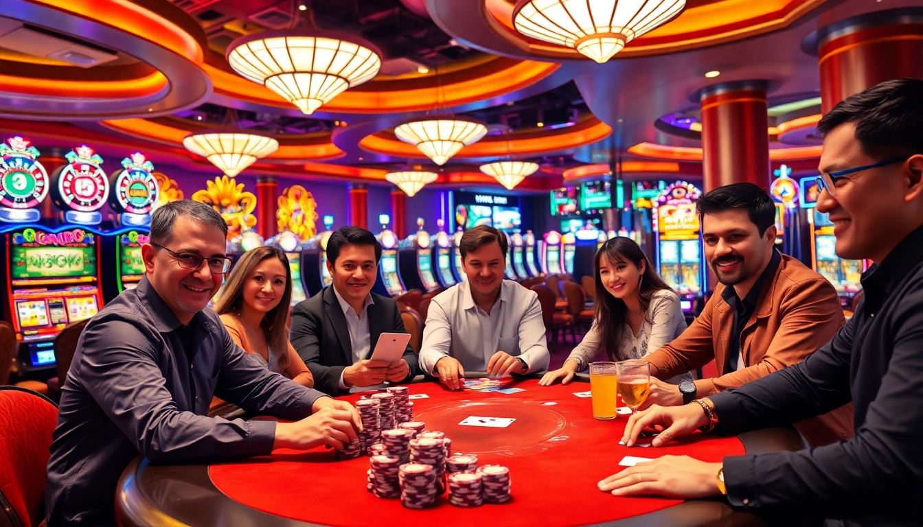 Engaged players enjoying a thrilling MM88 casino game amidst vibrant lights.