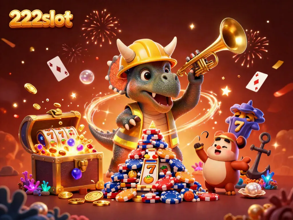 Ilustrasi 3D dari 222slot dengan karakter ceria membangun piramida chips poker di tengah pesta kasino.