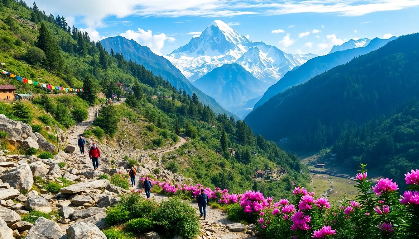 Stunning view of the Manaslu Circuit Trek showcasing trekkers on rocky trails with Mount Manaslu in the background.