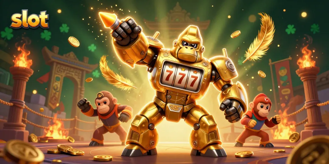 Experience thrilling slot action with an exciting golden gorilla mech surrounded by explosive coins.