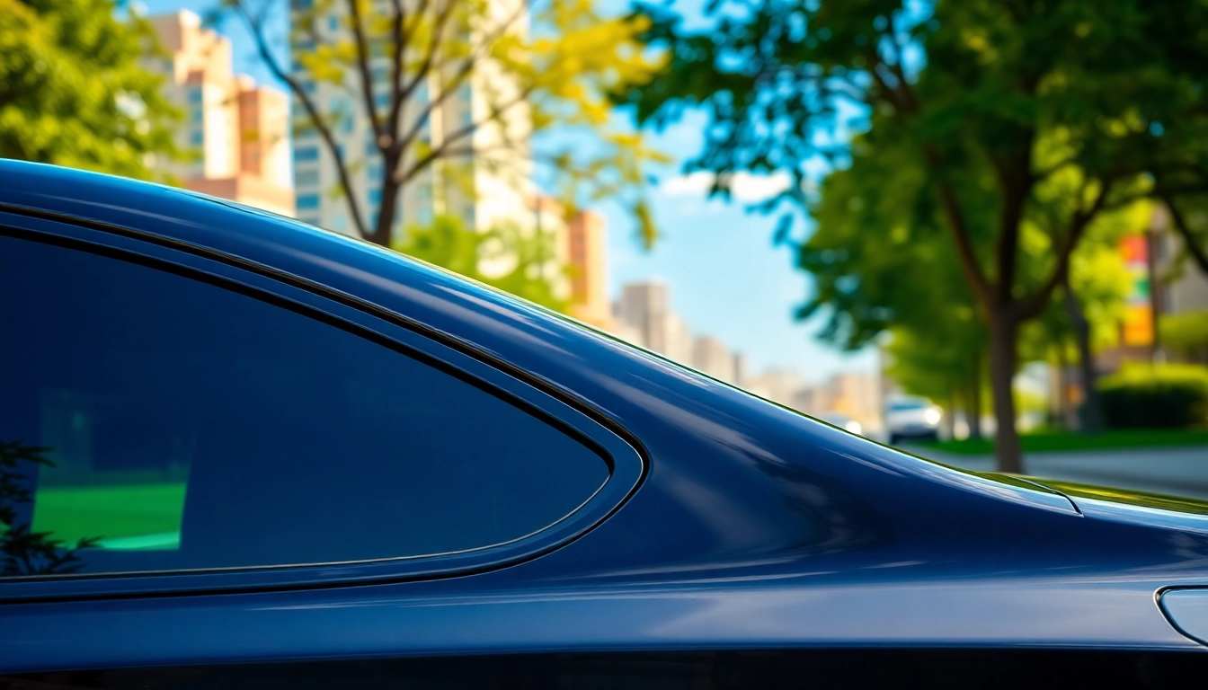 Enhance your experience with window tint near me showcasing a sleek vehicle in an urban setting.