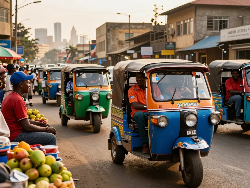 Tuk tuk drivers in Kenya joyfully navigating busy streets of Nairobi.