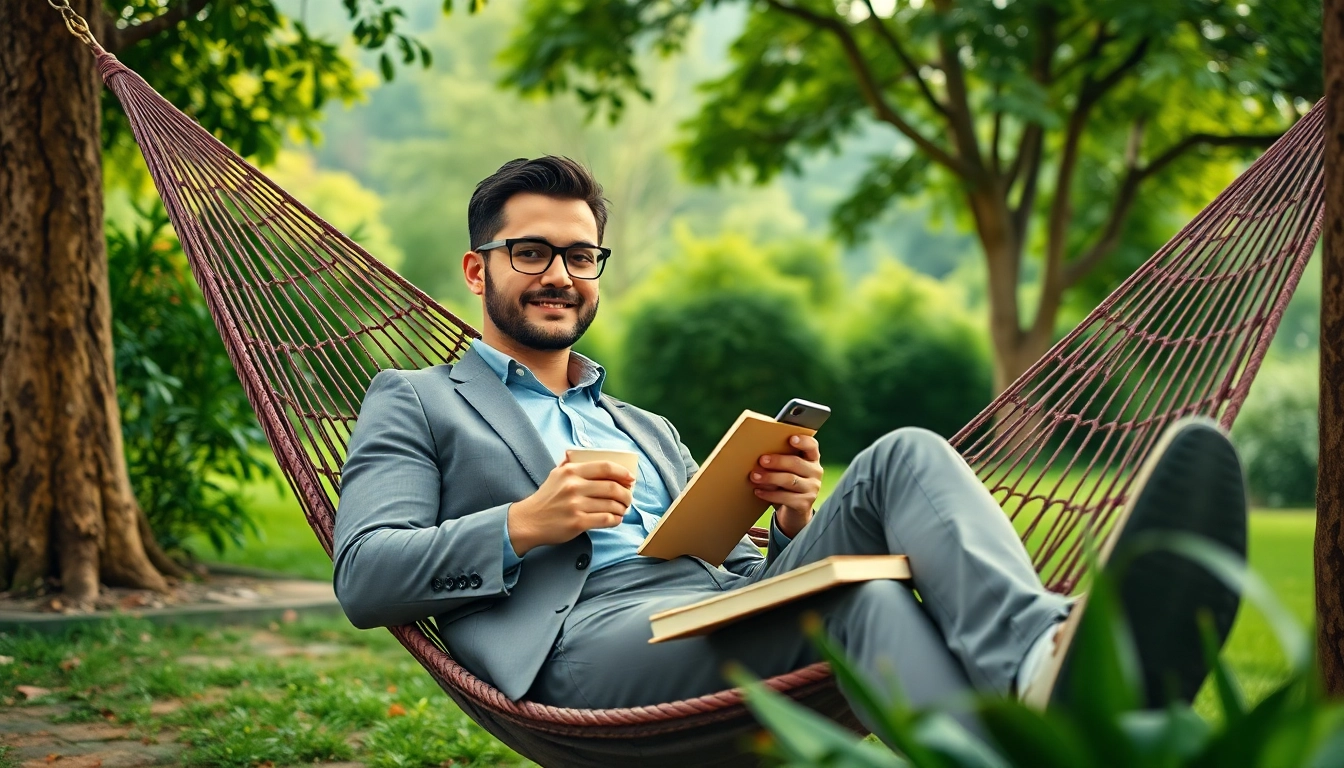 Entrepreneurs break illustrated by a business person relaxing in nature with a notebook.