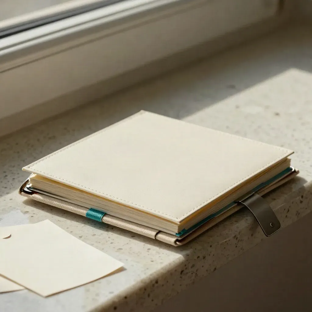 Cream growth-plan folio, tabs, planner and metal clips sliding from linen on travertine in dark studio.
