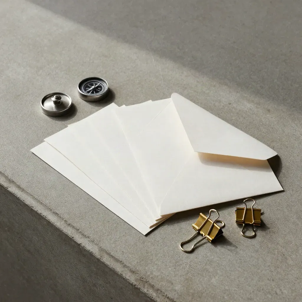 Overhead flatlay of a go-to-market folio, brass clips, and a small directional puck on stone.
