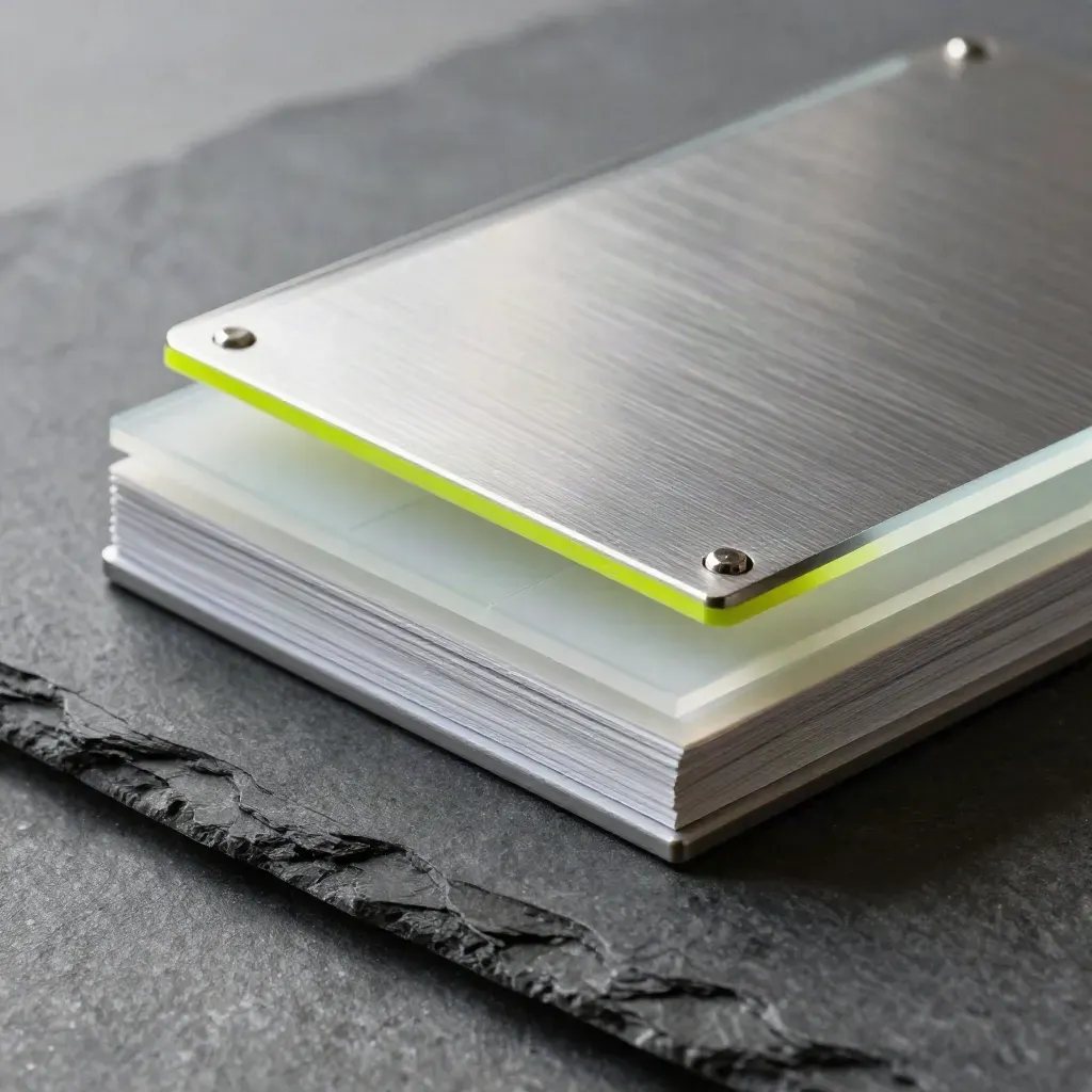 Macro of a layered brushed-metal review board with frosted acrylic, silicone tabs, and a glowing glass tile.