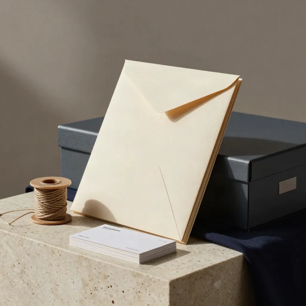Lead-gen setup pack with arcing envelopes, cord spool, contact cards and file box on travertine.