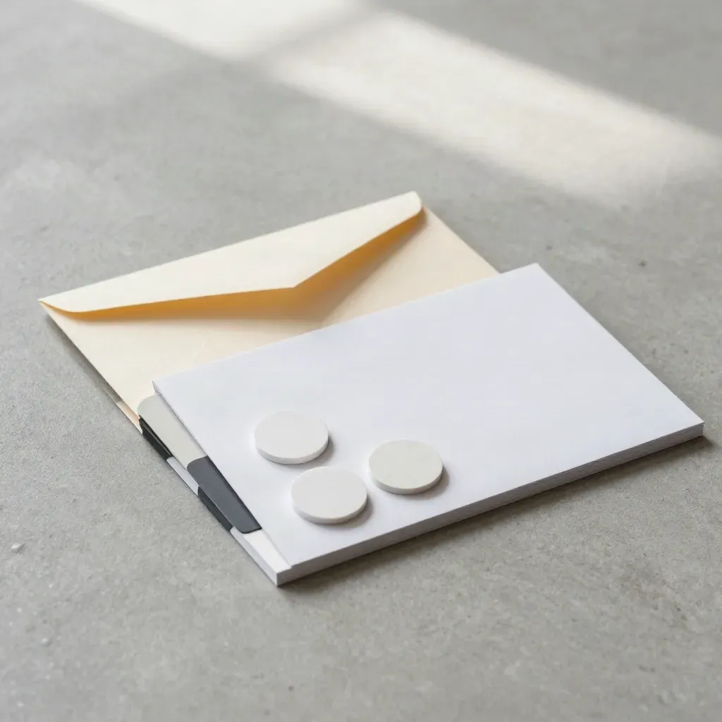 Overhead flatlay of an SME growth-audit kit with tabs, envelope and two matte tokens.