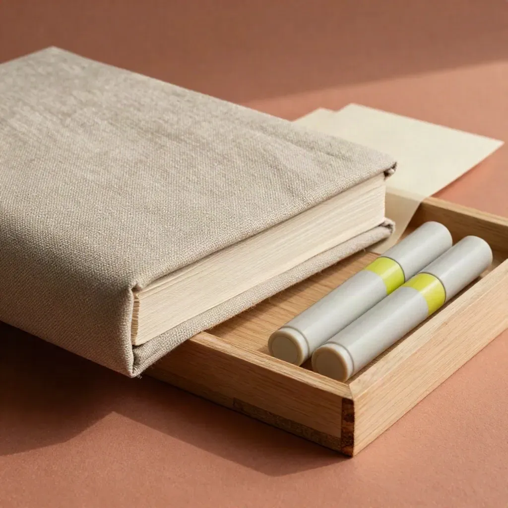Linen playbook case half out of a canvas sleeve with ceramic markers and a wooden tray in cool mist.
