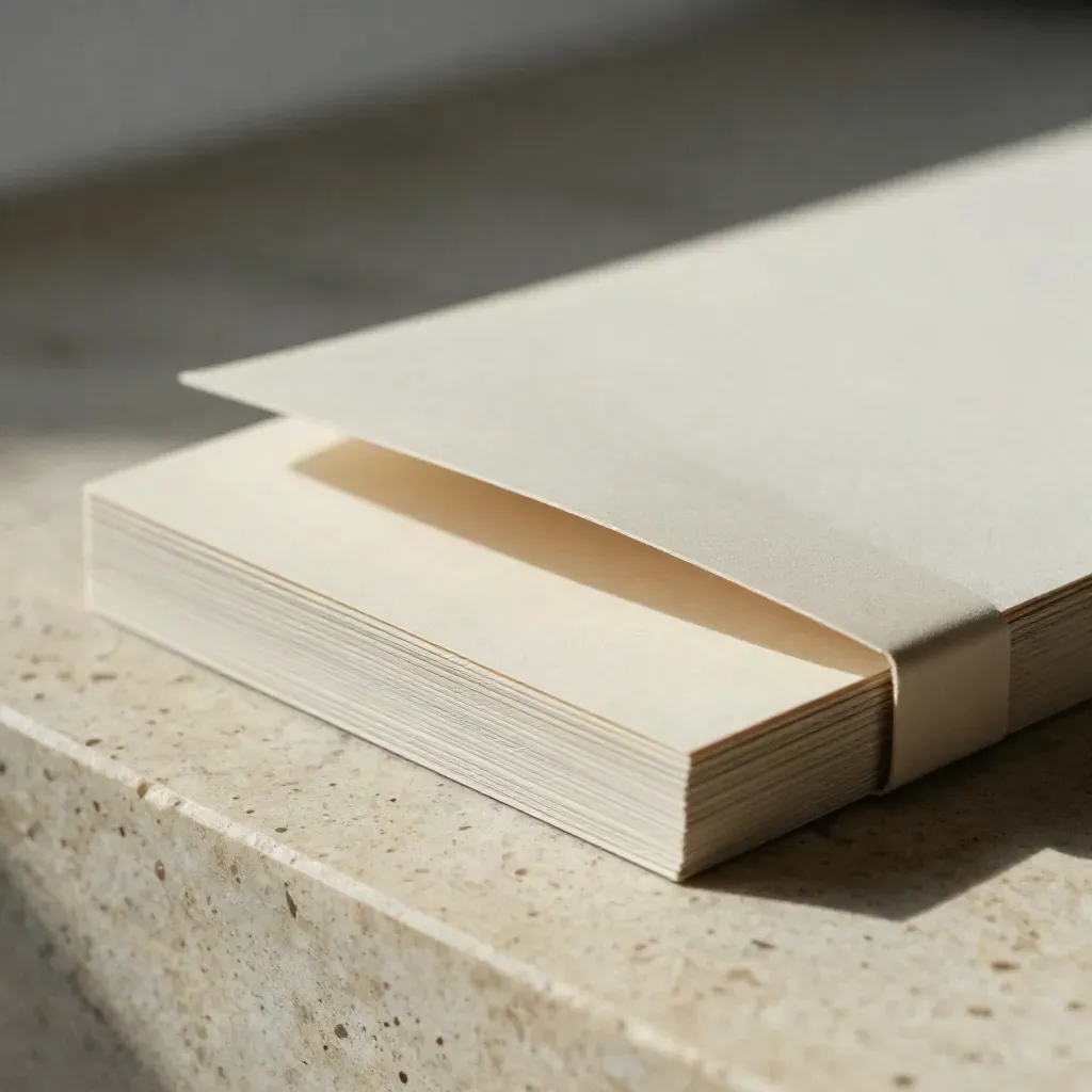 Macro of an opening cream offer-positioning kit with layered card insert on travertine.