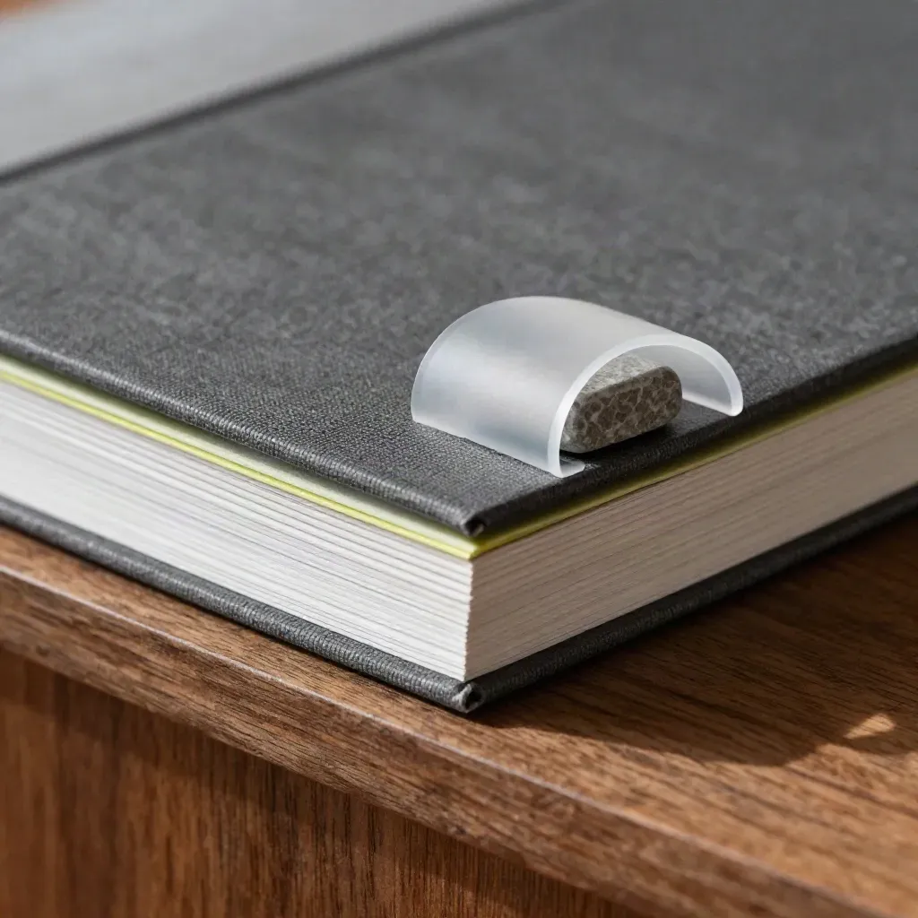 Macro of a matte review packet with layered tabs, frosted overlay and stone weight on walnut ledge.