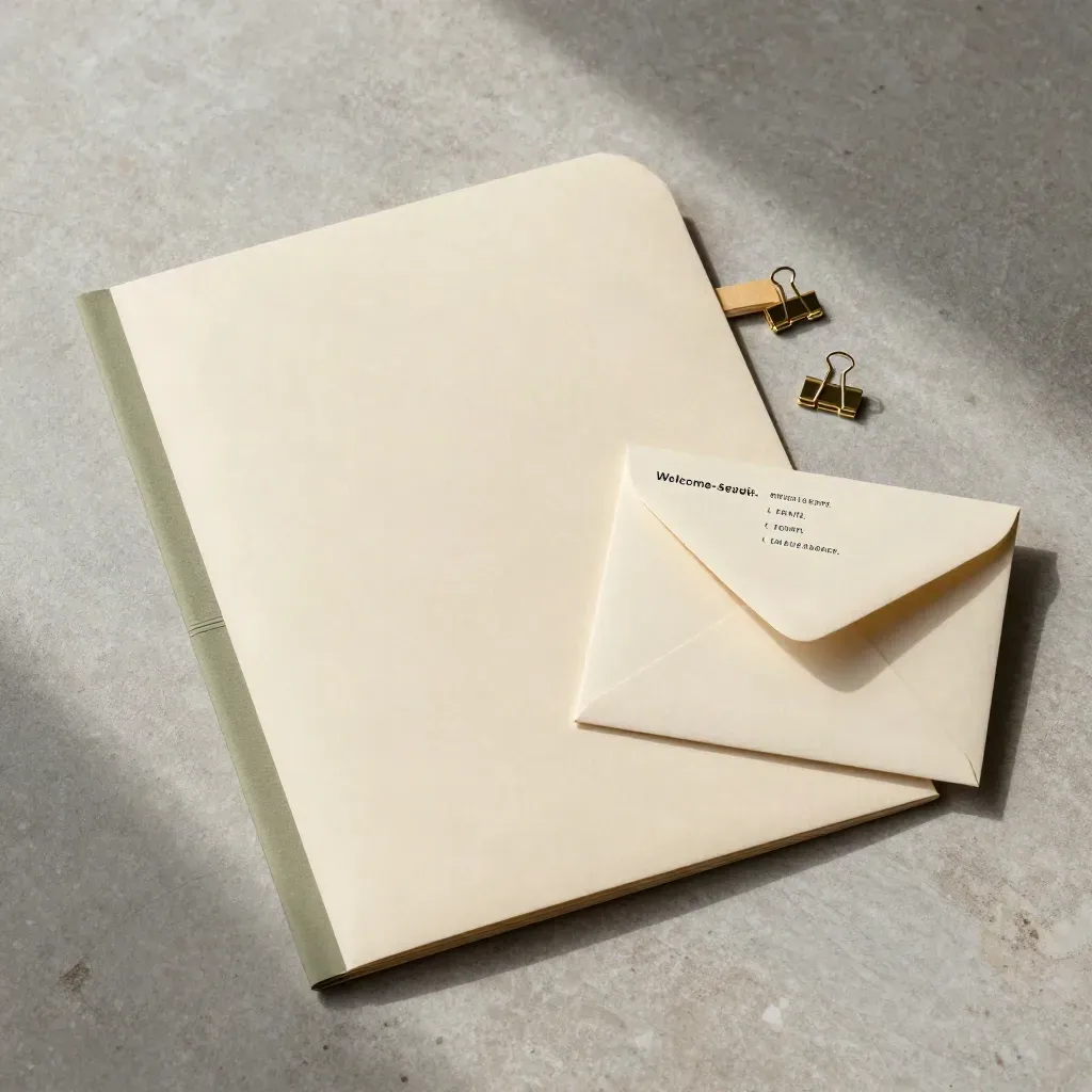 Overhead flatlay of an email setup packet with folder, envelopes, bands, and brass clips.