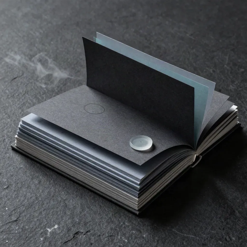 Open KPI strategy folio with layered tabs, glass token, and turned summary card on a dark studio surface.