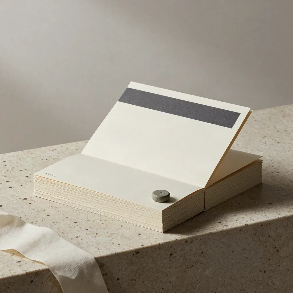 Pricing review dossier with stone weight and folded cards on travertine