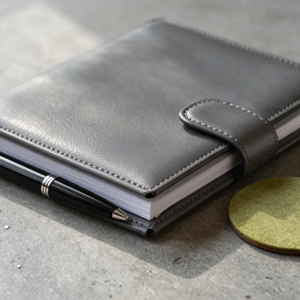 Closed leather consulting folio with pen and lime felt coaster on concrete, softly lit macro