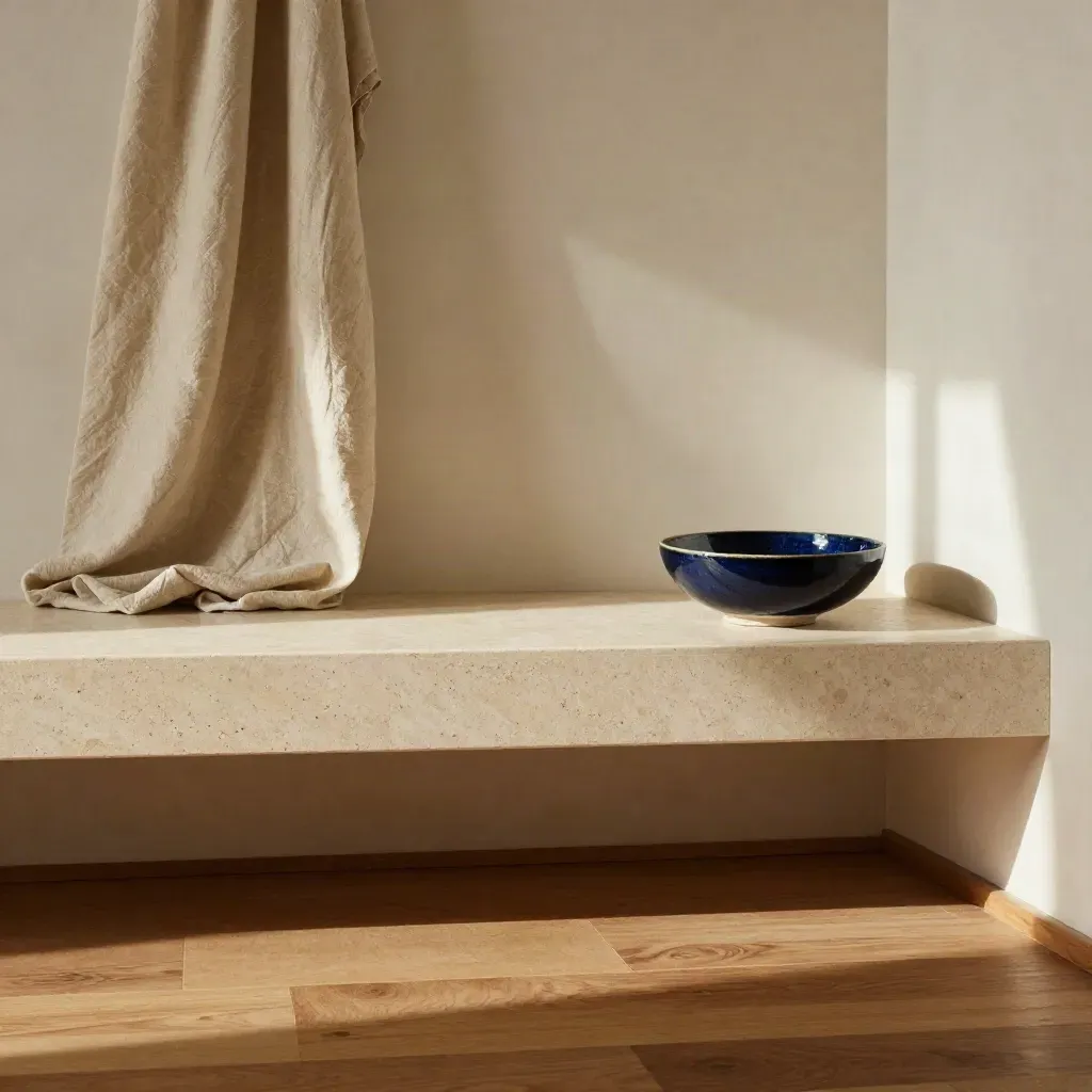 Sunlit travertine bench with folded linen and a ceramic bowl in a calm studio corner.