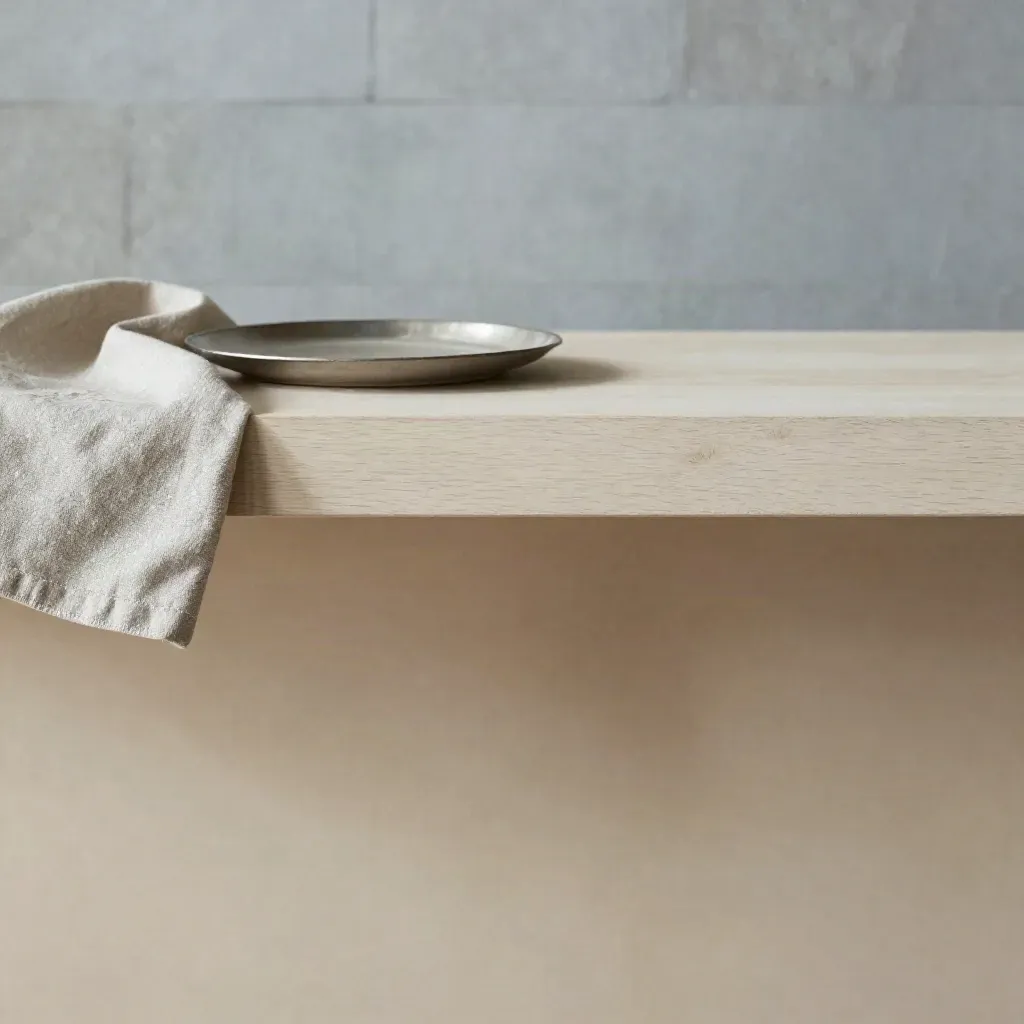 Pale wood and stone backdrop with linen cloth and ceramic plate in soft side light.