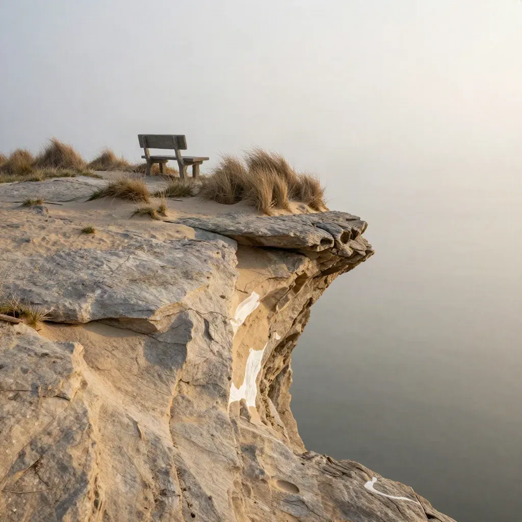 Mist-draped coastal ridge with sandstone seat, dry grasses, and calm sea haze under warm clearing light.