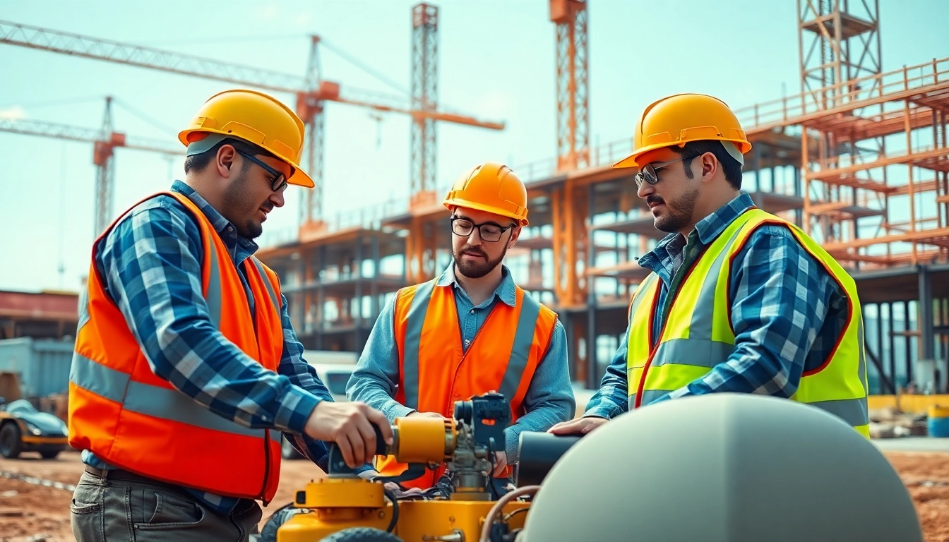 Engaged workers in construction workforce training at a vibrant construction site, demonstrating collaboration and skill development.