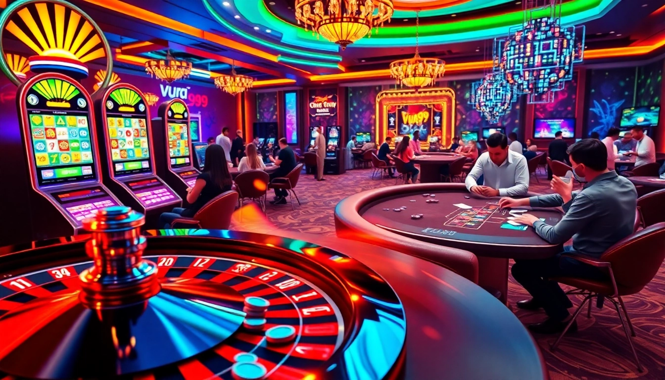 Exciting online gambling experience with a vibrant casino atmosphere at vua99, featuring roulette and poker tables.